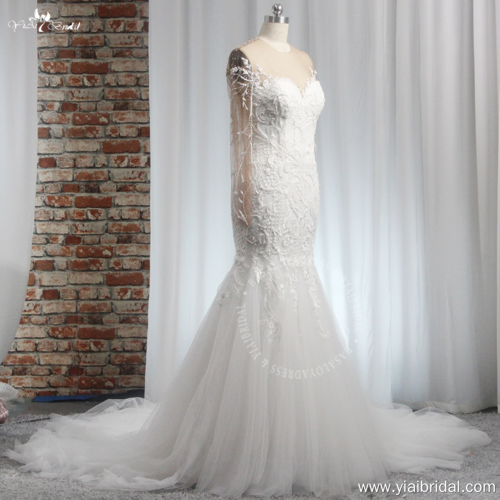 Beach Long Sleeves Mermaid Tulle Wedding Dress Elegant SweethearLace Appliques Illusion Back With Button Bridal Gown 11