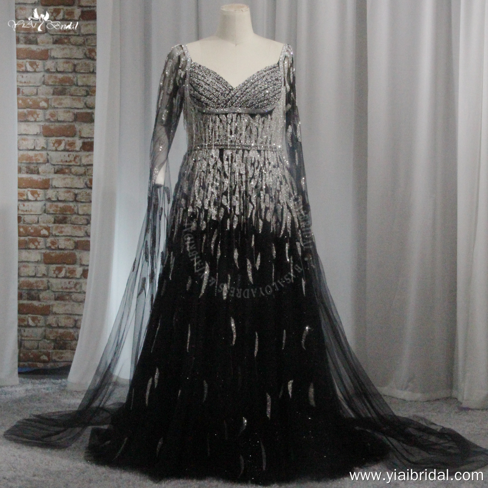 Gorgeous Arabic Formal Black Prom Dresses Evening Dress With Cape RSE978 Black Party Gowns Dress Dubai Women Luxury 9