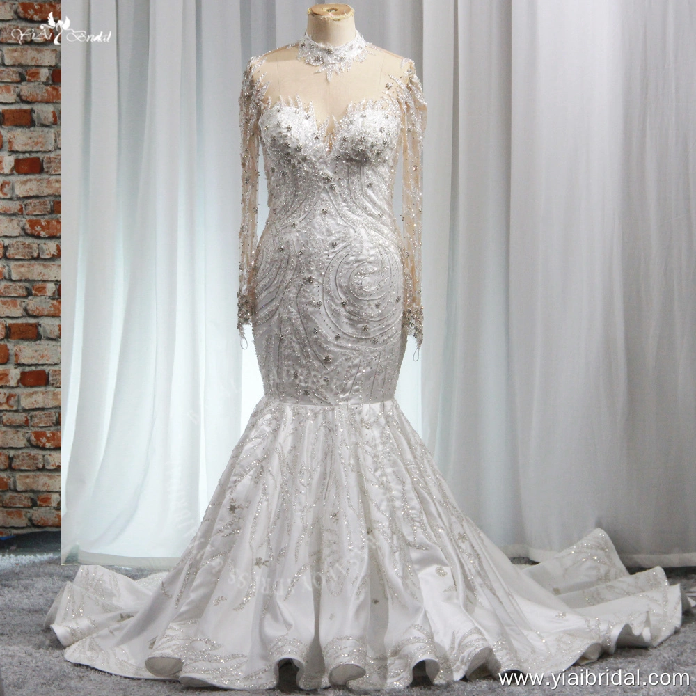 RSW1965 Luxuriöses, glitzerndes, perlenbesetztes, hochgeschlossenes, tailliertes und ausgestelltes Brautkleid im Meerjungfrau-Stil aus Satin mit langen Ärmeln 1