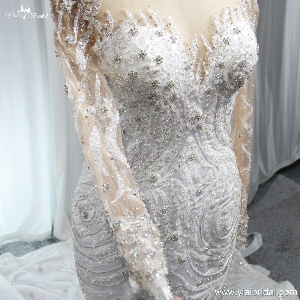 RSW1965 Luxuriöses, glitzerndes, perlenbesetztes, hochgeschlossenes, tailliertes und ausgestelltes Brautkleid im Meerjungfrau-Stil aus Satin mit langen Ärmeln 8