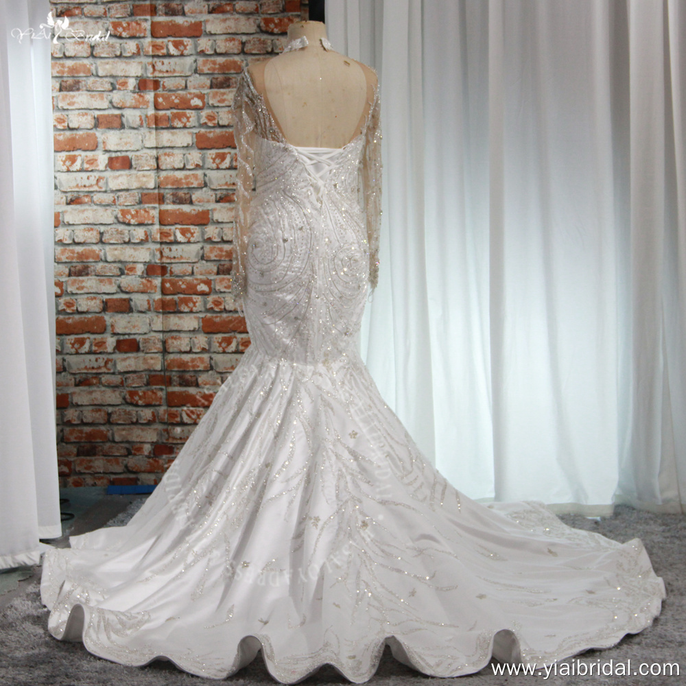 RSW1965 Luxuriöses, glitzerndes, perlenbesetztes, hochgeschlossenes, tailliertes und ausgestelltes Brautkleid im Meerjungfrau-Stil aus Satin mit langen Ärmeln 10