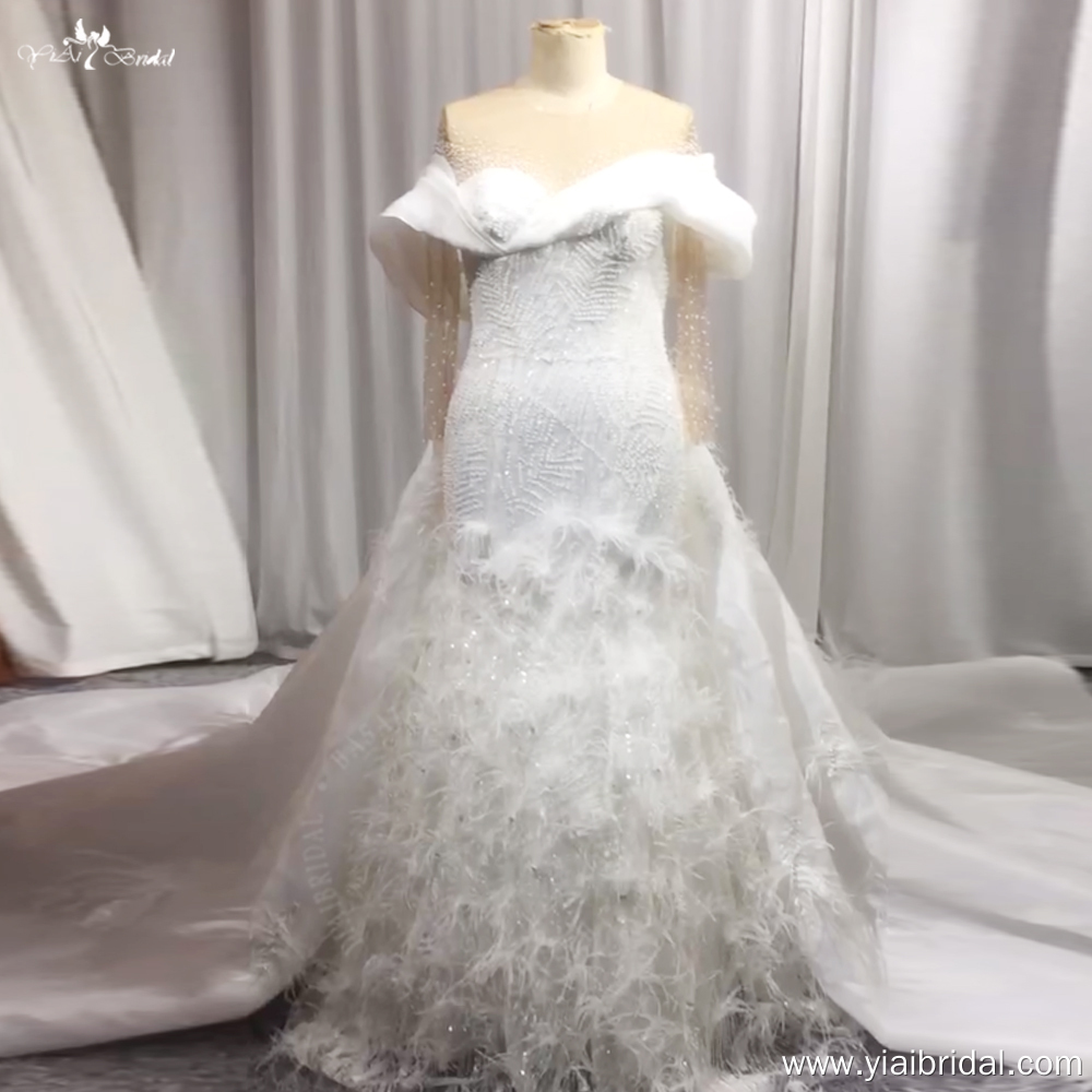 New Arrivals 2 Pieces Feather Pearls Lace Mermaid Wedding Dress With Detachable Chapel Train Vestido De Noiva Sereia 8