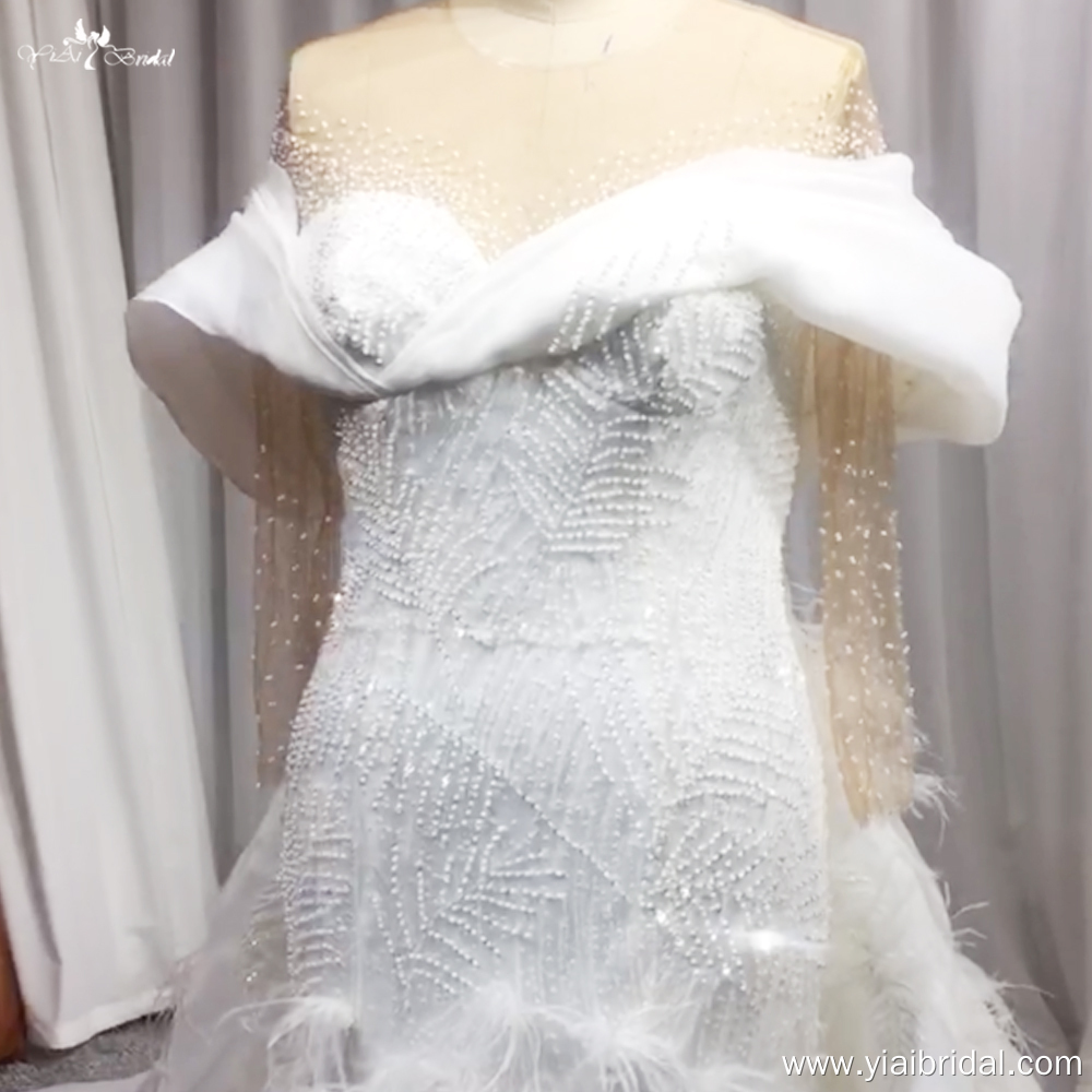 New Arrivals 2 Pieces Feather Pearls Lace Mermaid Wedding Dress With Detachable Chapel Train Vestido De Noiva Sereia 9