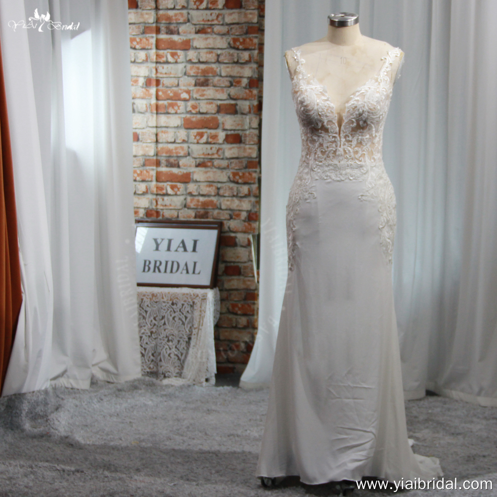 Deep V-Neck Sleeveless Chiffon Mermaid Wedding Dress 2024 Simple Spaghetti Strap Court Train Cut Out Back Bridal Gown 5