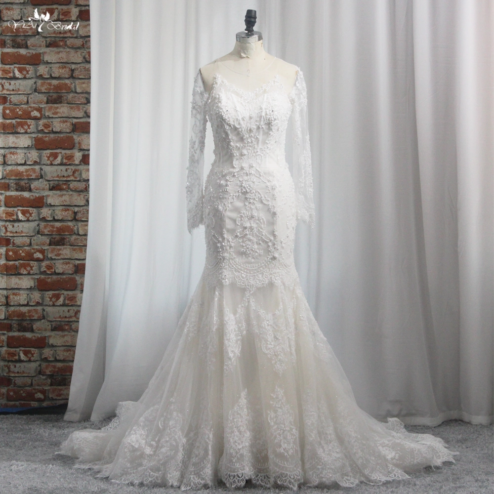 Strand-Brautkleid mit langen Ärmeln, Meerjungfrau und Tüll, elegantes Brautkleid mit V-Ausschnitt, Spitzenapplikationen, Illusionsrücken am Rücken und Knöpfen 1