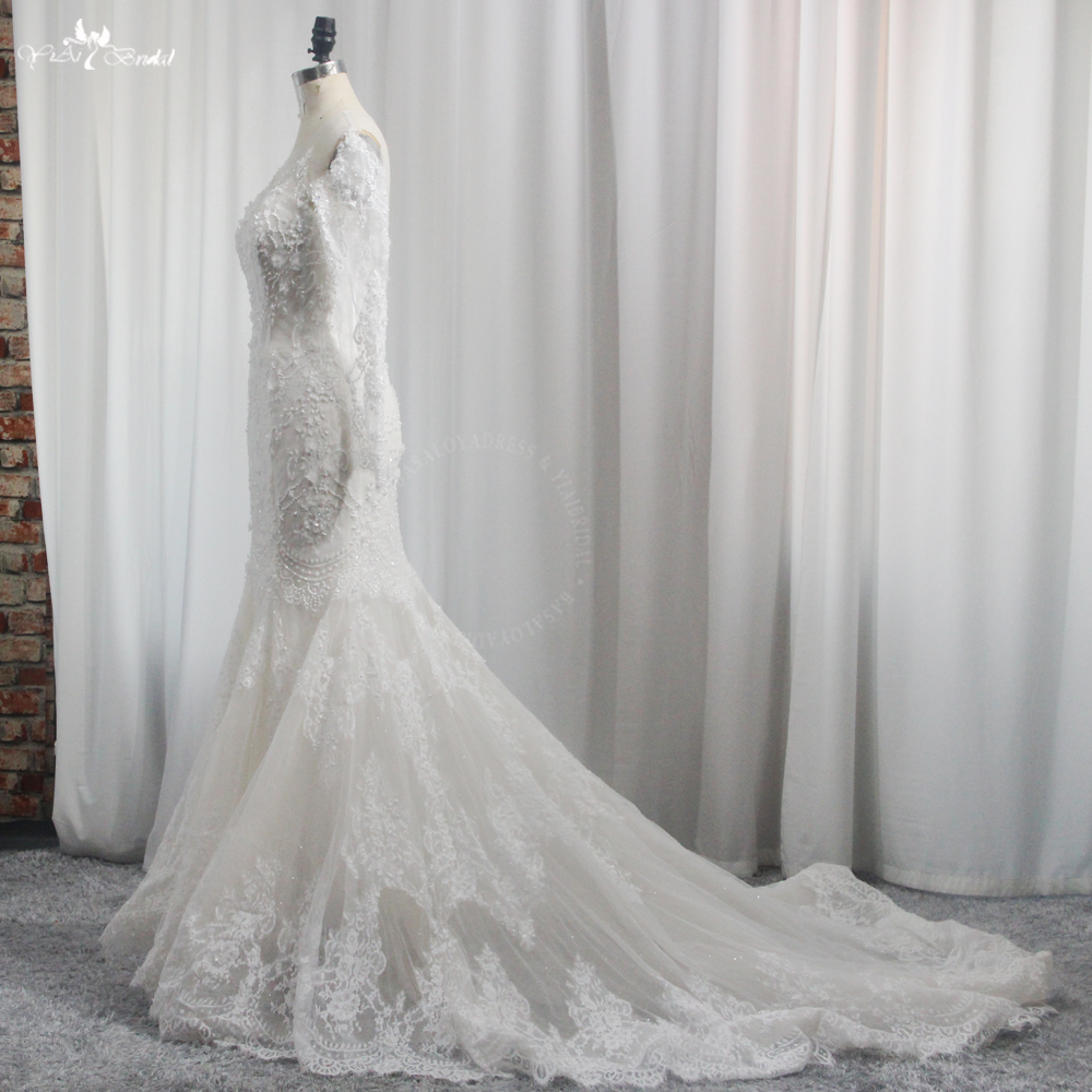 Strand-Brautkleid mit langen Ärmeln, Meerjungfrau und Tüll, elegantes Brautkleid mit V-Ausschnitt, Spitzenapplikationen, Illusionsrücken am Rücken und Knöpfen 9