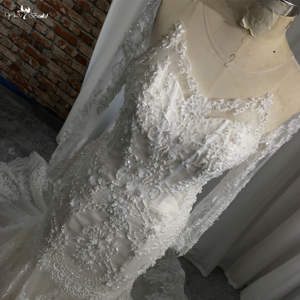 Strand-Brautkleid mit langen Ärmeln, Meerjungfrau und Tüll, elegantes Brautkleid mit V-Ausschnitt, Spitzenapplikationen, Illusionsrücken am Rücken und Knöpfen 10