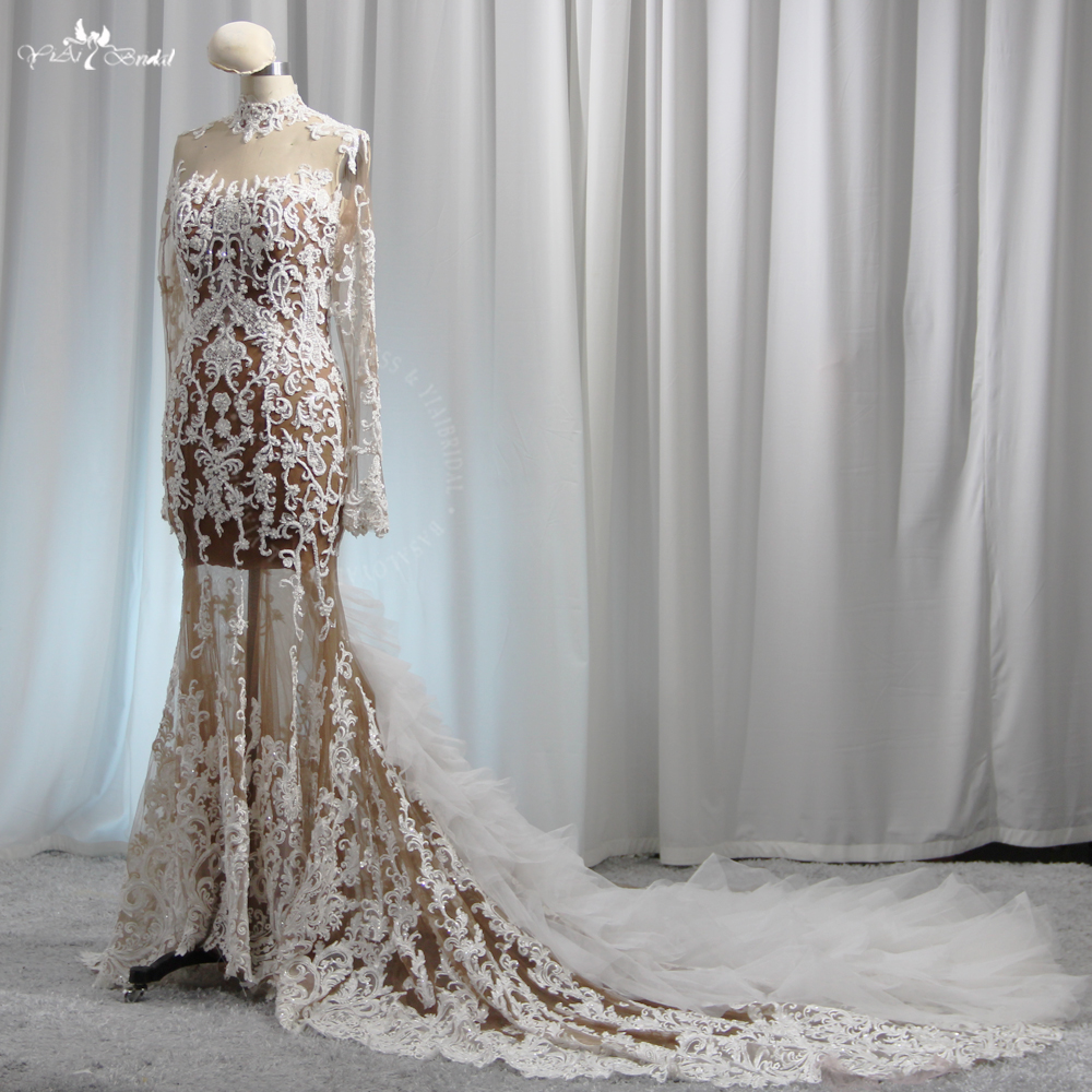 Yiai Bridal Sexy Sheer Durchsichtiges schwarzes Mädchen-Luxus-Perlenkristall-Damen-Hochzeitskleid mit langen Ärmeln und Spitzenstickerei 10