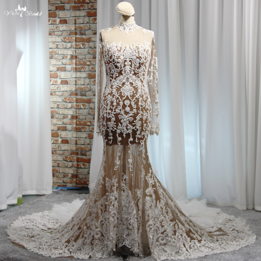 Yiai Bridal Sexy Sheer Durchsichtiges schwarzes Mädchen-Luxus-Perlenkristall-Damen-Hochzeitskleid mit langen Ärmeln und Spitzenstickerei 8