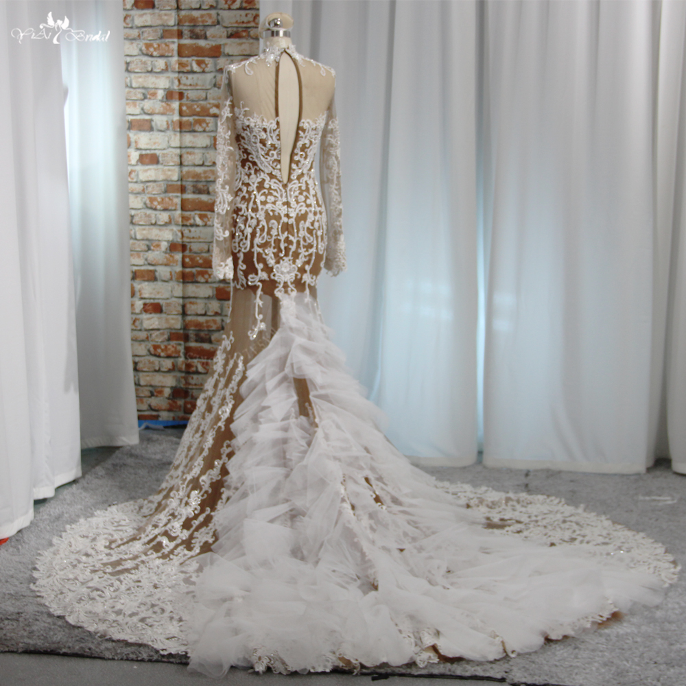 Yiai Bridal Sexy Sheer Durchsichtiges schwarzes Mädchen-Luxus-Perlenkristall-Damen-Hochzeitskleid mit langen Ärmeln und Spitzenstickerei 9