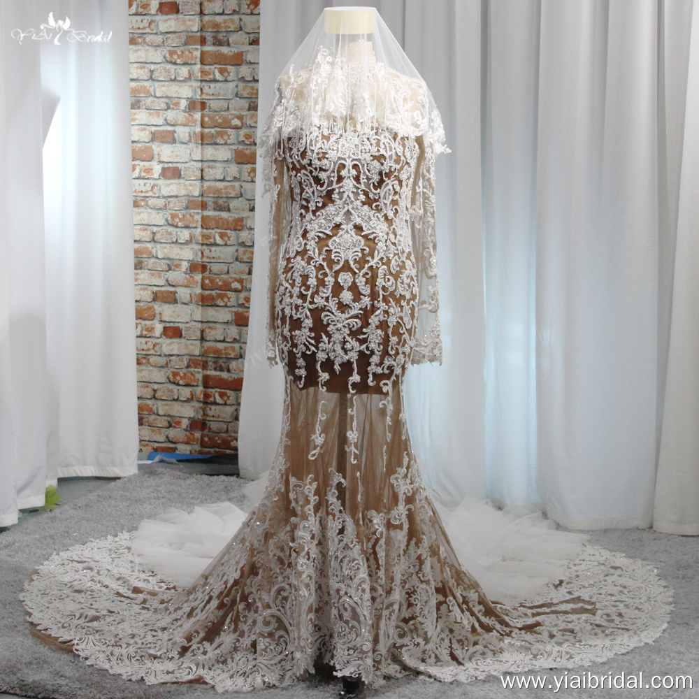 Yiai Bridal Sexy Sheer Durchsichtiges schwarzes Mädchen-Luxus-Perlenkristall-Damen-Hochzeitskleid mit langen Ärmeln und Spitzenstickerei 7