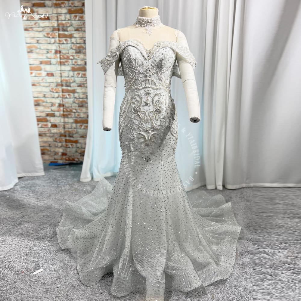 RSW2054 Real High-end Silver Diamond Sequins Mermaid Off The Shoulder Luxury Handmade Arabic Wedding Beach Party Bride G 8