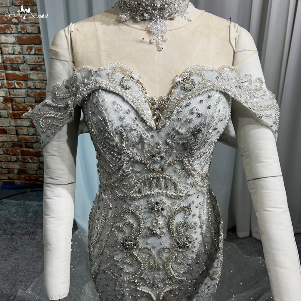 RSW2054 Real High-end Silver Diamond Sequins Mermaid Off The Shoulder Luxury Handmade Arabic Wedding Beach Party Bride G 9