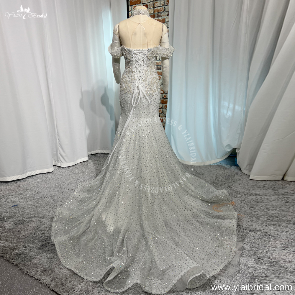 RSW2054 Real High-end Silver Diamond Sequins Mermaid Off The Shoulder Luxury Handmade Arabic Wedding Beach Party Bride G 11