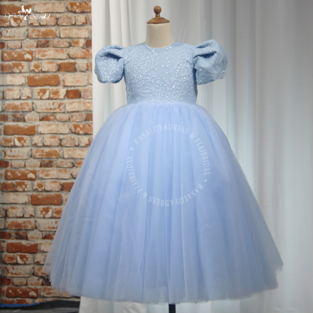 FG121 Niedliche kurze Ärmel, himmelblauer Tüll, bauschiger Ballkleid-Rock, Geburtstagsparty-Kleid für Kinder, Kleinkinder, Blumenmädchenkleider 8