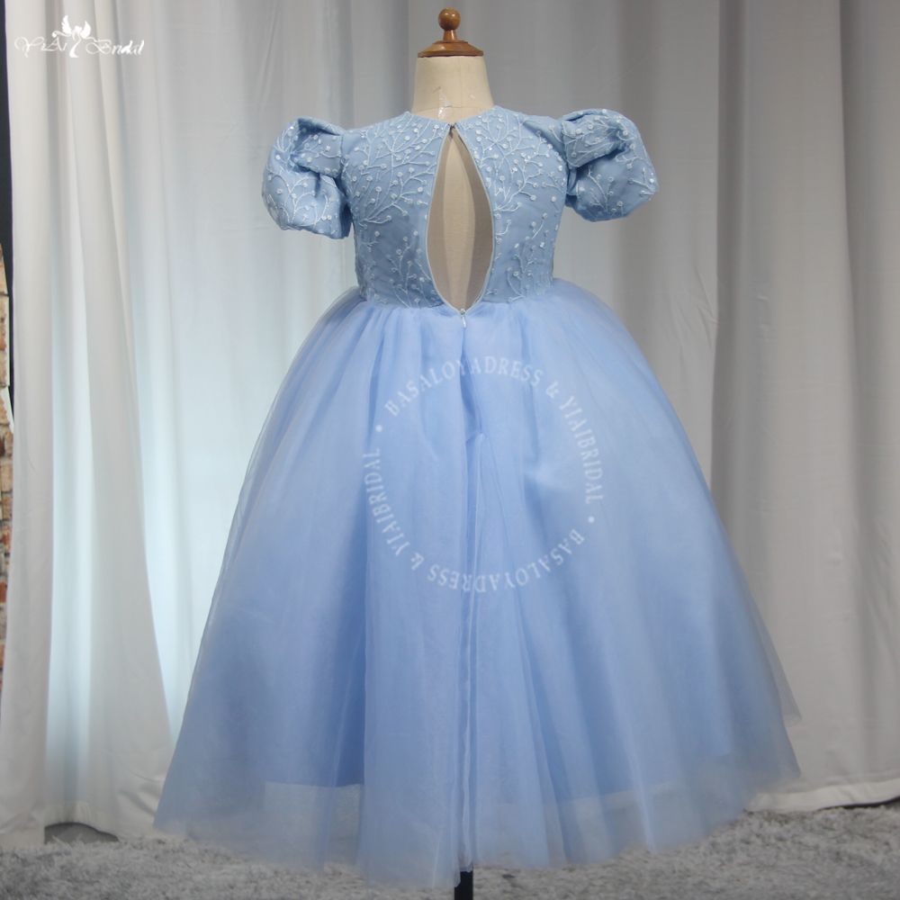 FG121 Niedliche kurze Ärmel, himmelblauer Tüll, bauschiger Ballkleid-Rock, Geburtstagsparty-Kleid für Kinder, Kleinkinder, Blumenmädchenkleider 7