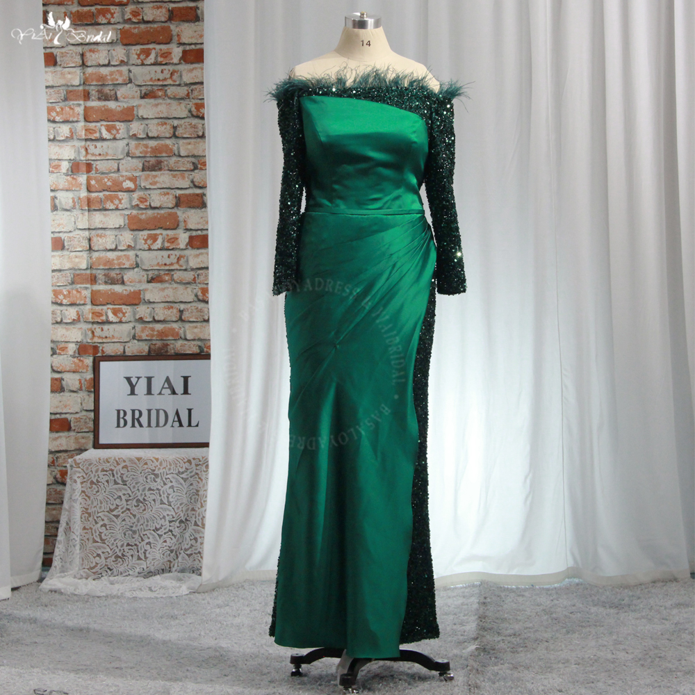 Green Sequin Feather Neckline RSE960 Off Shoulder Long Sleeves Mother Of The Bride Dress 7