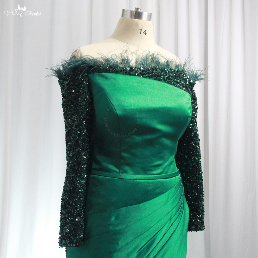 Green Sequin Feather Neckline RSE960 Off Shoulder Long Sleeves Mother Of The Bride Dress 8