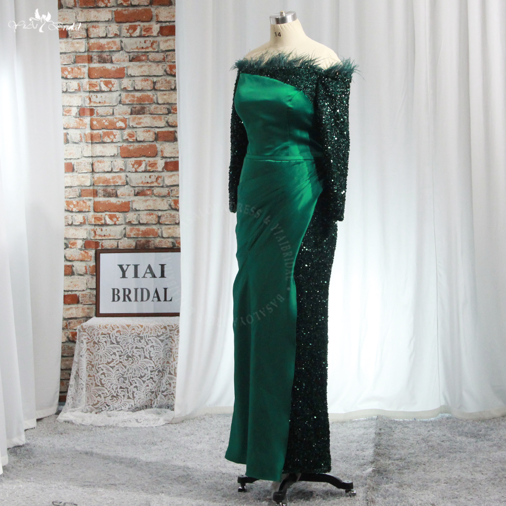 Green Sequin Feather Neckline RSE960 Off Shoulder Long Sleeves Mother Of The Bride Dress 9