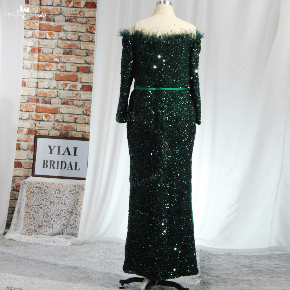 Green Sequin Feather Neckline RSE960 Off Shoulder Long Sleeves Mother Of The Bride Dress 10