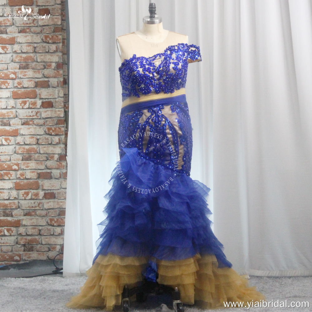 Plus Size African Prom Gowns One Shoulder RSE967 High-Low Ruffles Skirt Evening Dresses Gold And Blue Prom Dresses 7