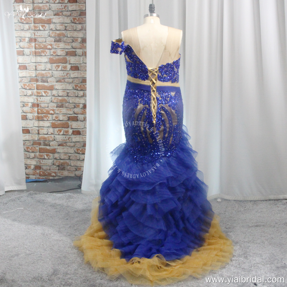 Plus Size African Prom Gowns One Shoulder RSE967 High-Low Ruffles Skirt Evening Dresses Gold And Blue Prom Dresses 10