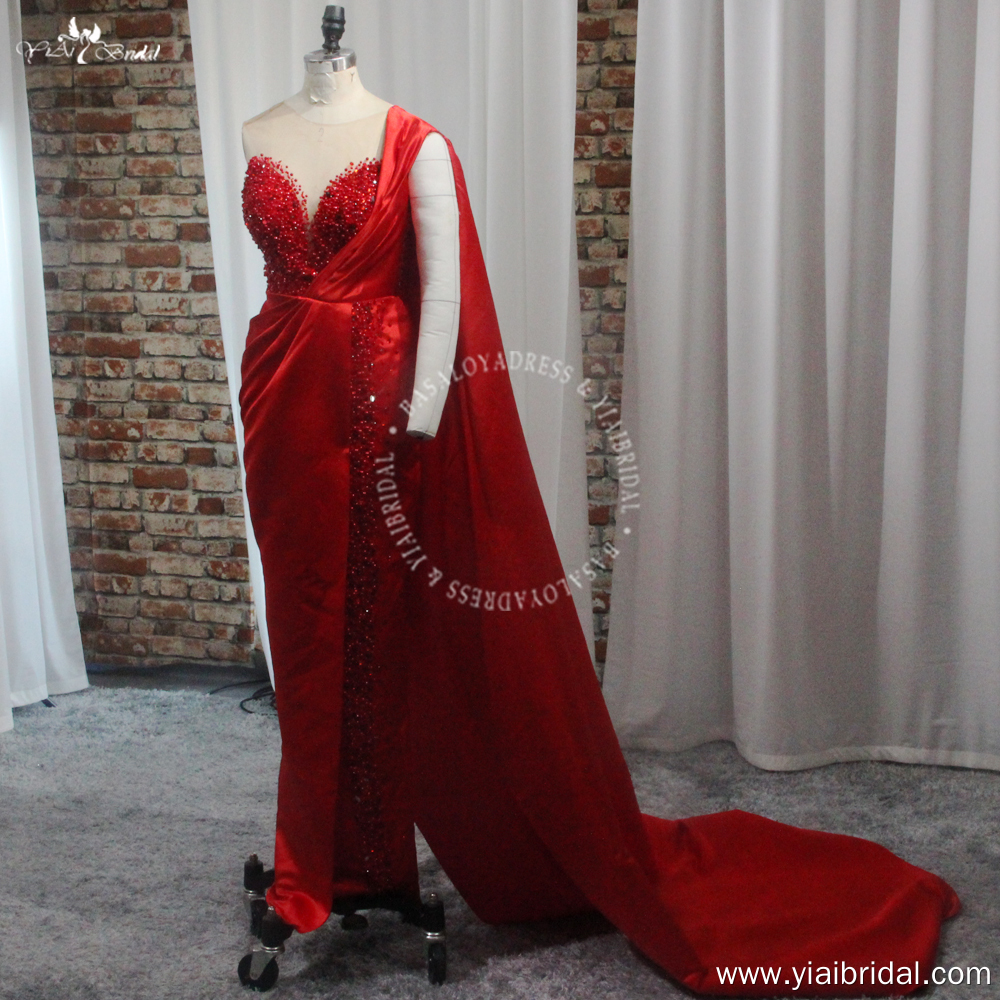 Red Beaded Sheath Floor-Length Long Evening Prom Party Dress RSE977 Formal Dress One Shoulder With Long Cape 7
