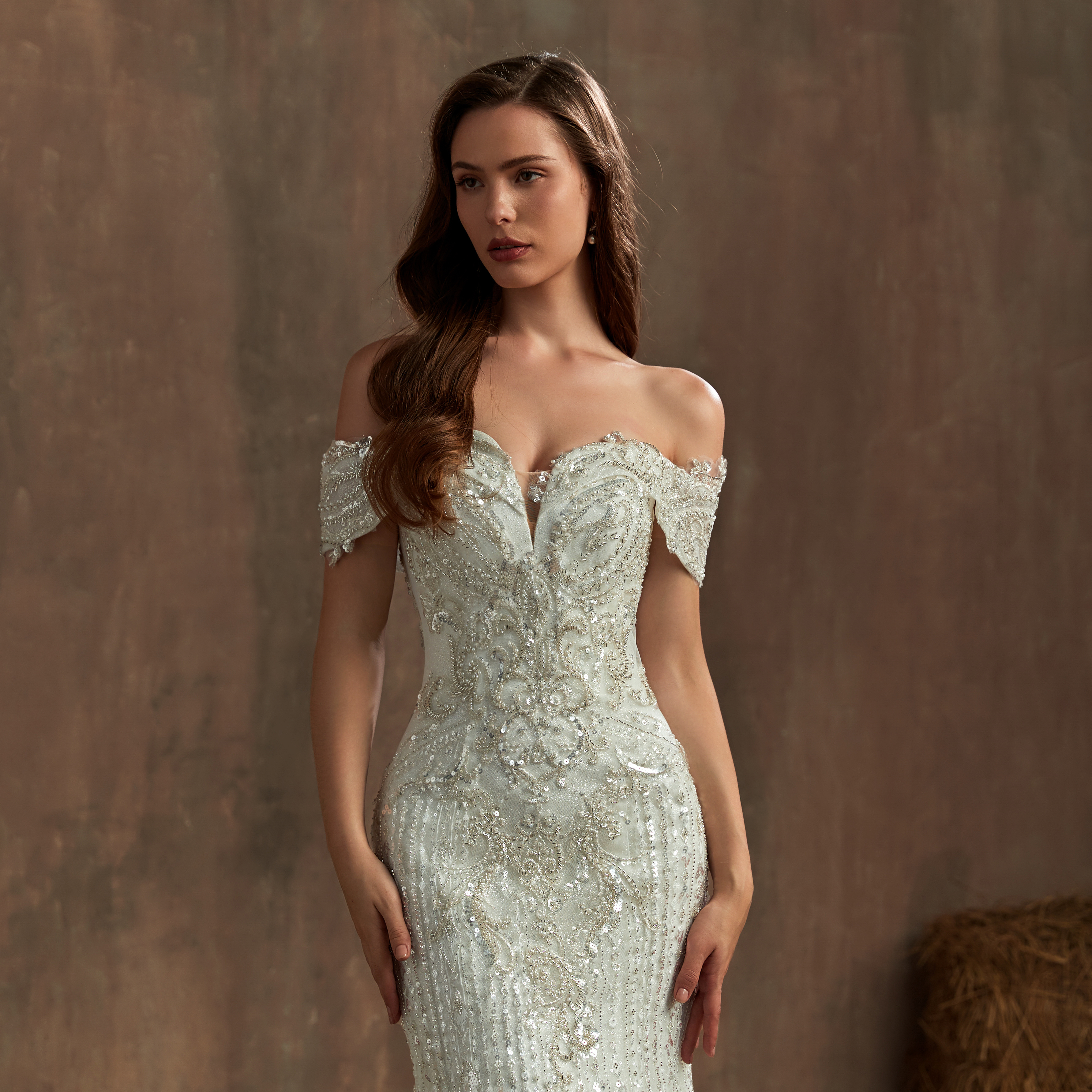 RSW1919 Silver Beaded Lace Appliques Back Corset Mermaid Off