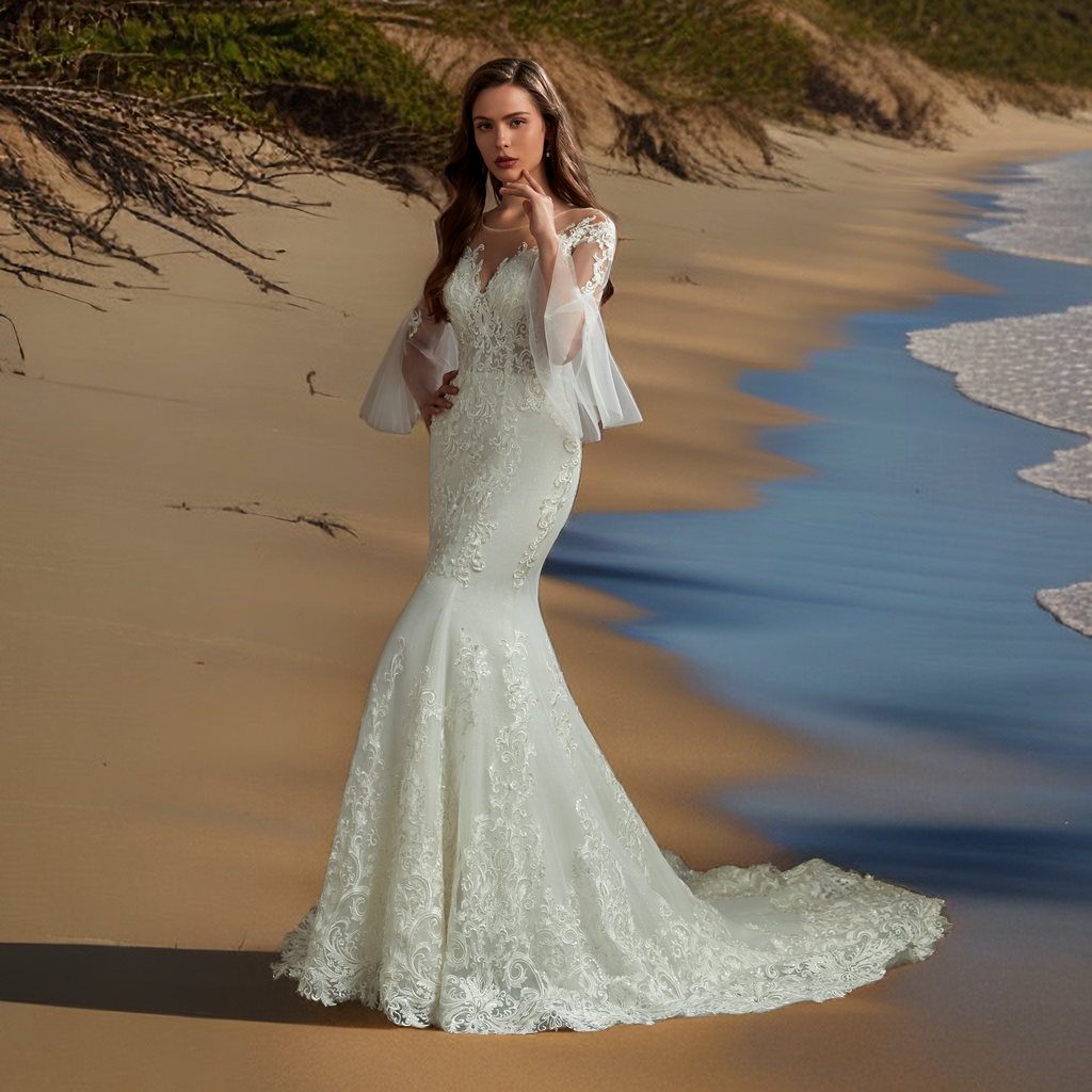 RSW1920 Elegant Mermaid Lace Wedding Dress with Trumpet Flare Sleeves ...