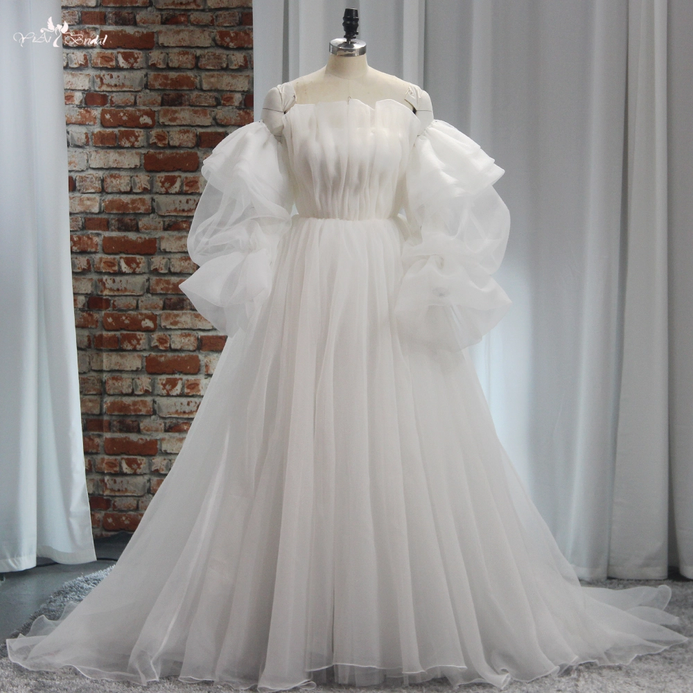 Abnehmbares schulterfreies Organza-Hochzeitskleid mit langen Ärmeln RSW1898 Brautkleid in A-Linie, eleganter, mattierter Organza 1