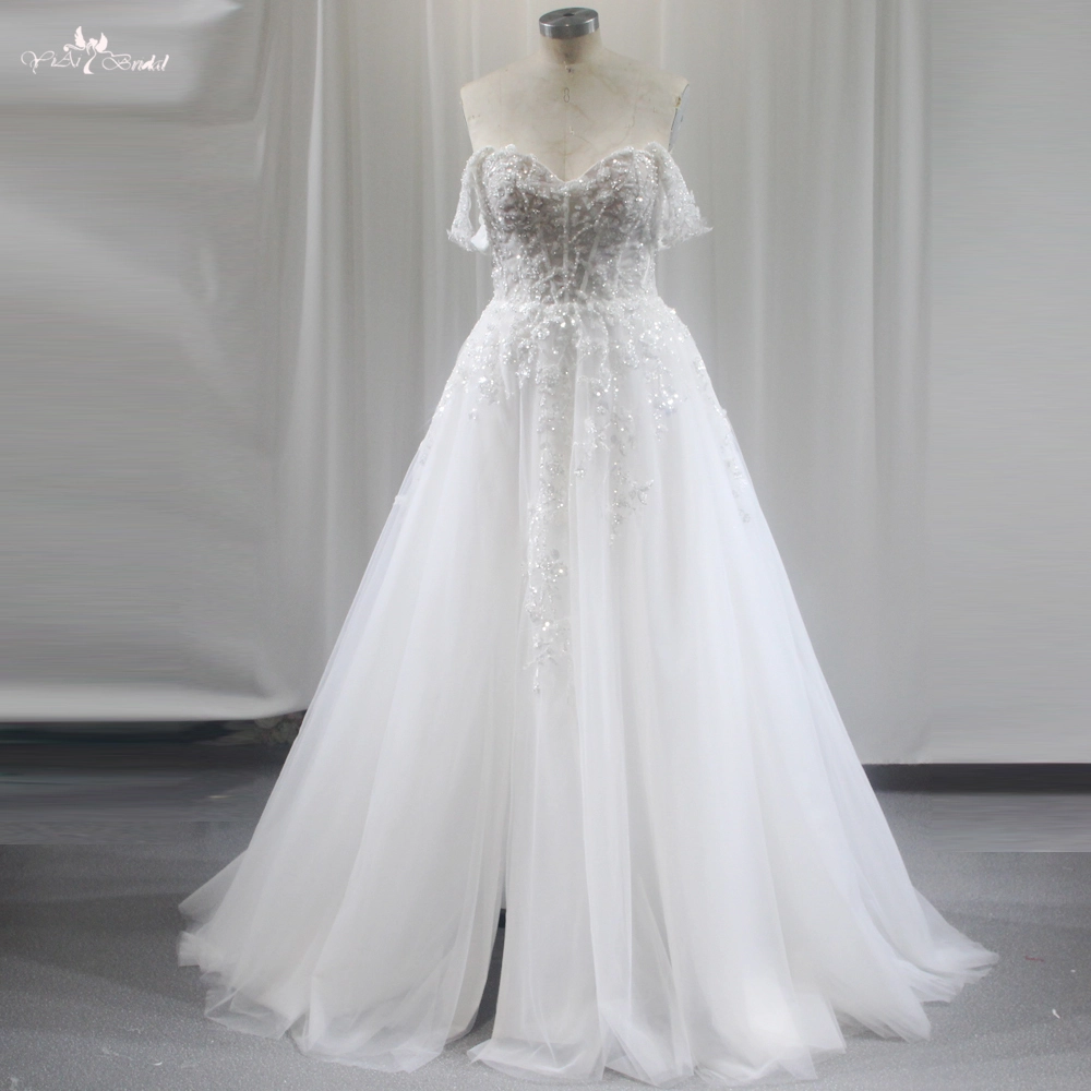 Wunderschönes individuelles glitzerndes Brautkleid RSW1848, A-Linie, Spitze, Boho-Strand, Vintage, schlichtes schulterfreies Brautkleid 1