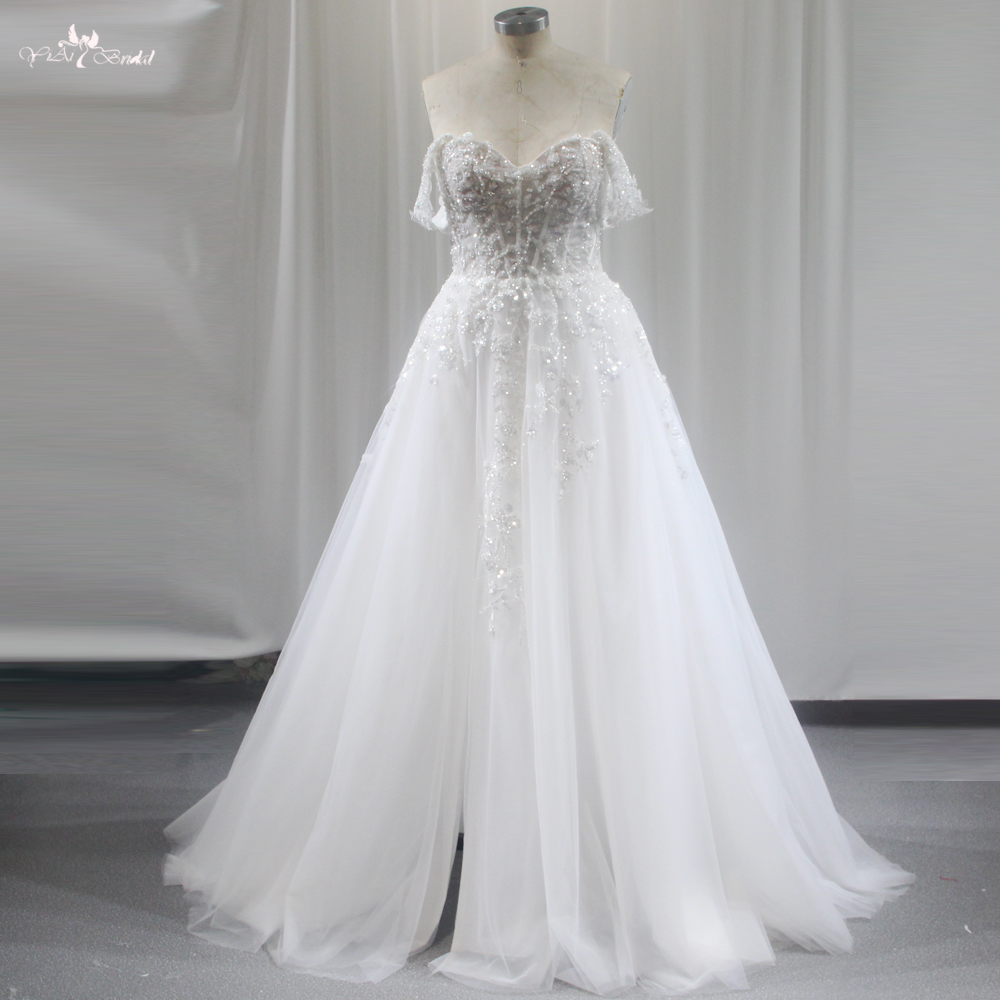 Wunderschönes individuelles glitzerndes Brautkleid RSW1848, A-Linie, Spitze, Boho-Strand, Vintage, schlichtes schulterfreies Brautkleid 6