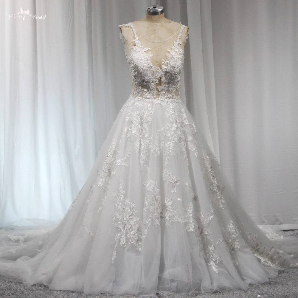 Blumen Applique Strand A-Linie Sexy V-ausschnitt Brautkleider Elegante Vestido De Novia Fee Gericht Zug Prinzessin Kleid RSW1908 1