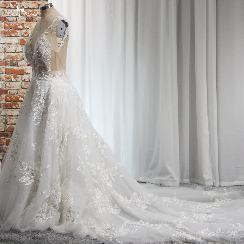 Blumen Applique Strand A-Linie Sexy V-ausschnitt Brautkleider Elegante Vestido De Novia Fee Gericht Zug Prinzessin Kleid RSW1908 9