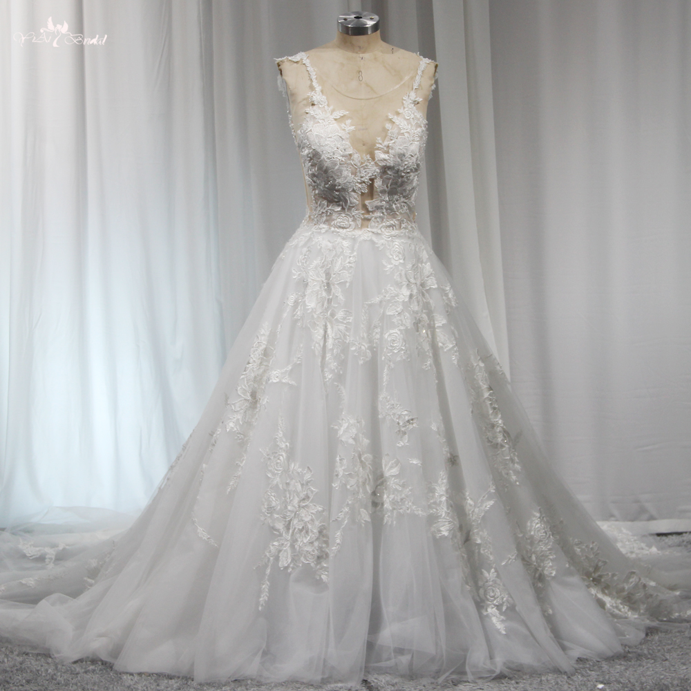 Blumen Applique Strand A-Linie Sexy V-ausschnitt Brautkleider Elegante Vestido De Novia Fee Gericht Zug Prinzessin Kleid RSW1908 6