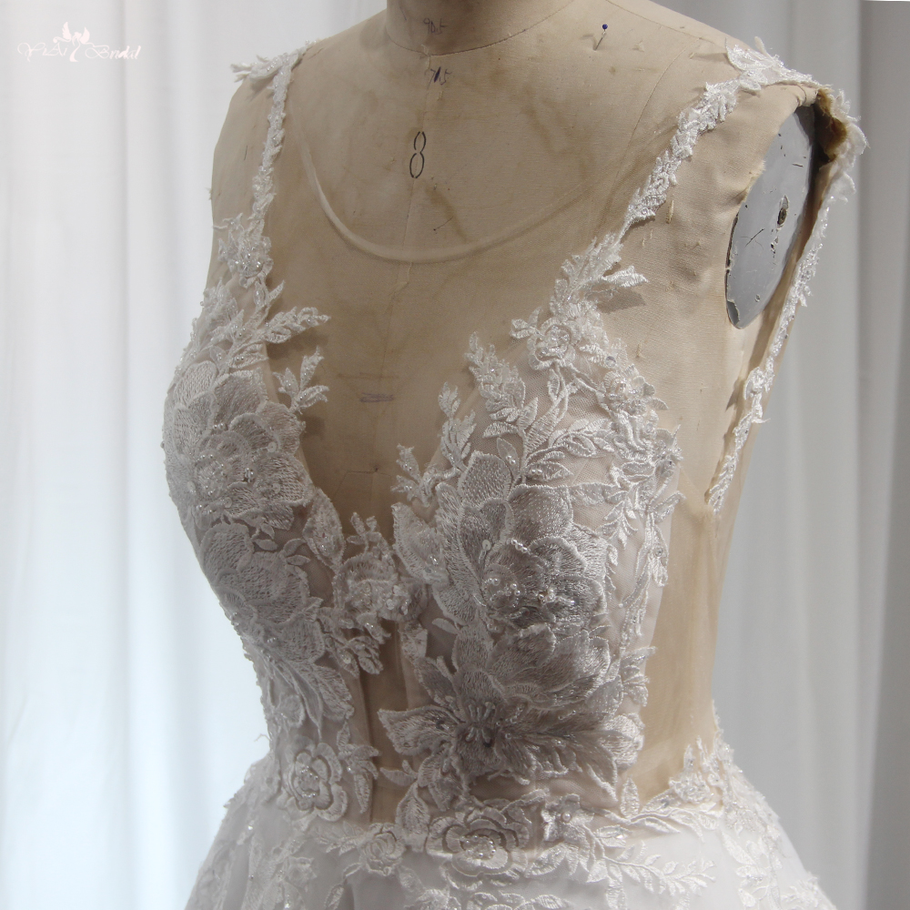 Blumen Applique Strand A-Linie Sexy V-ausschnitt Brautkleider Elegante Vestido De Novia Fee Gericht Zug Prinzessin Kleid RSW1908 8