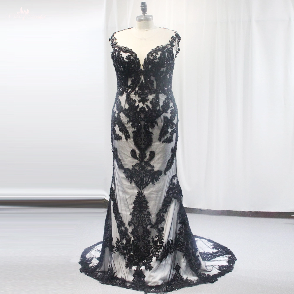 Damen Sexy tiefes V-Brautkleid in Übergröße, schwarz, schlanker Körper, Illusion, Spitze hinten RSW1835, legeres Kleid, Hochzeitskleid, sexy 1