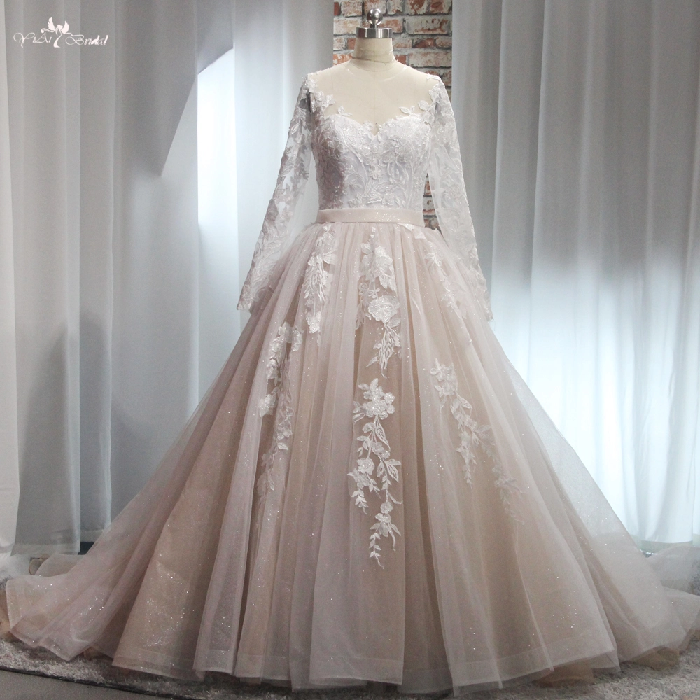 Bestes Hochzeitskleid Prinzessin mit langen Ärmeln RSW1904, weißes Oberteil, Champagnerrock, Vestido De Novia, appliziertes Brautkleid 1