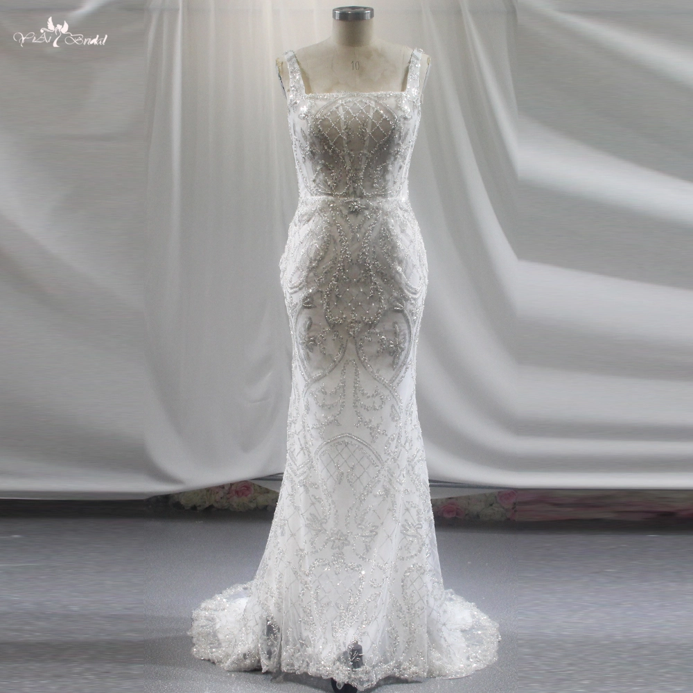 RSW1838 Spitzenhochzeitskleid mit eckigem Ausschnitt und Paillettenbesatz 1