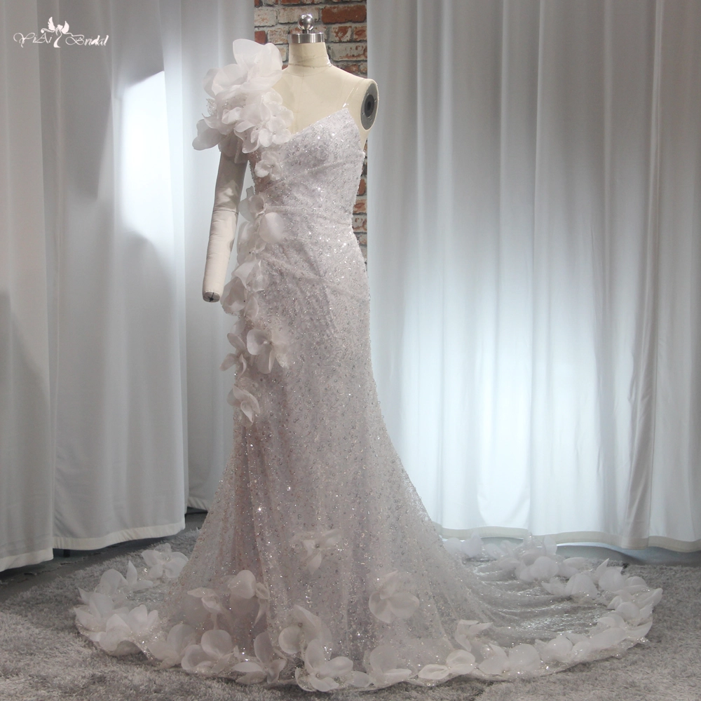 Maßgeschneidertes Meerjungfrau-Hochzeitskleid mit einer Schulter RSW1900, 3D-Blumen-Brautkleid mit Fischschwanz 1