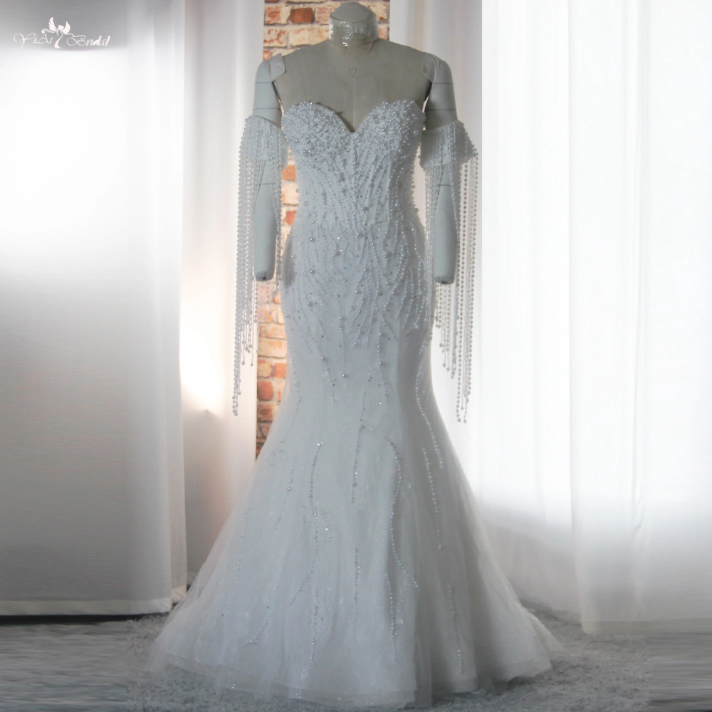 Luxuriöses Brautkleid mit Perlenfransen, Meerjungfrau, schulterfrei, RSW1887, abnehmbare Bizepsärmel, Brautkleid Afrika 1