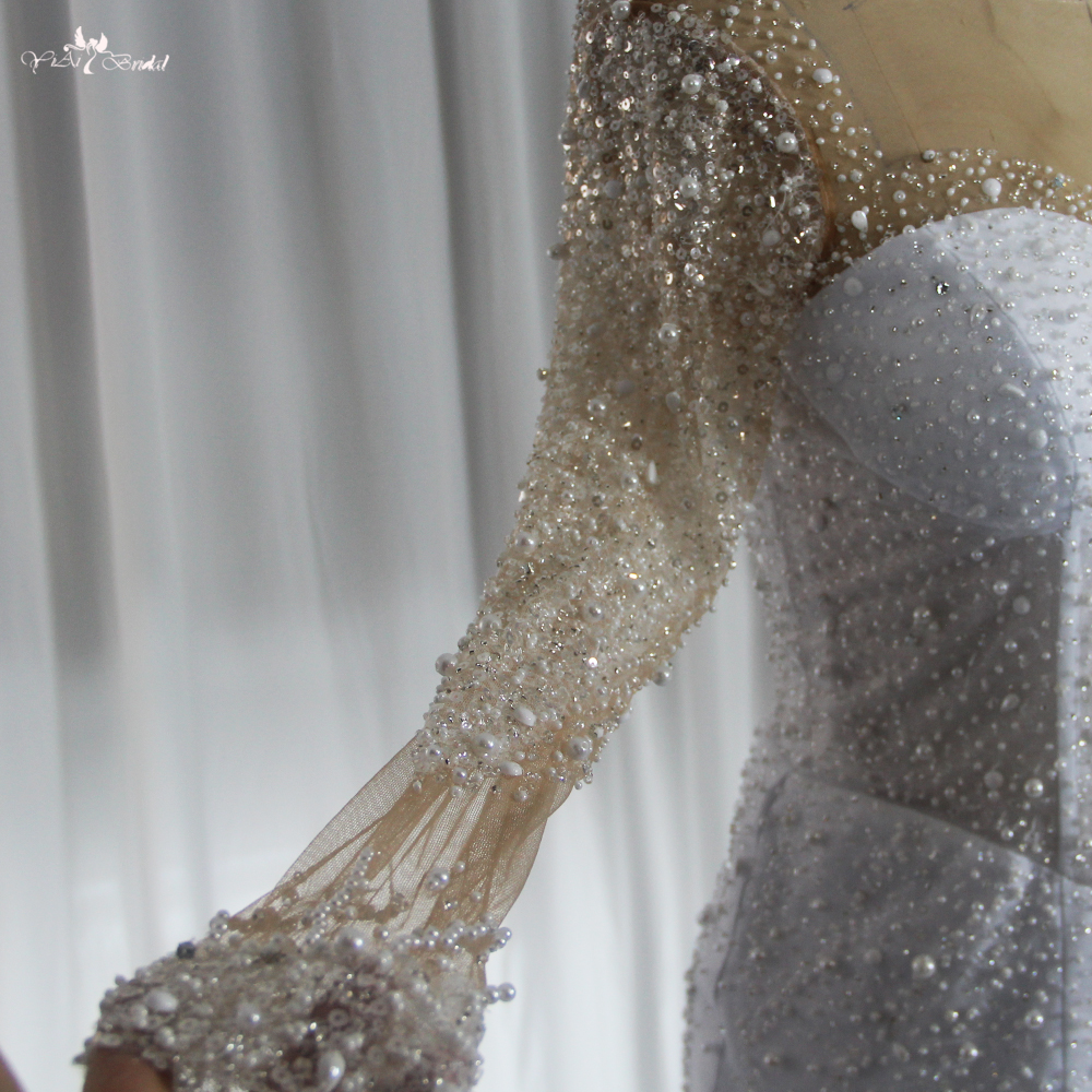 RSW1855 Toptan Beyaz Denizkızı Gelinlik Kabarık Tül Etek Fabrikası Özel Yapımı Uzun kollu hassas boncuklu gelinlik 11