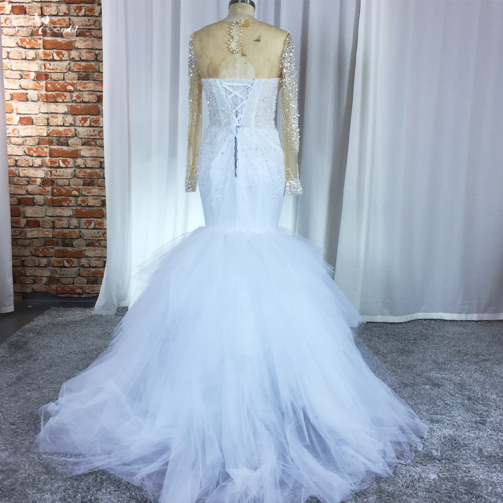 RSW1855 Toptan Beyaz Denizkızı Gelinlik Kabarık Tül Etek Fabrikası Özel Yapımı Uzun kollu hassas boncuklu gelinlik 8