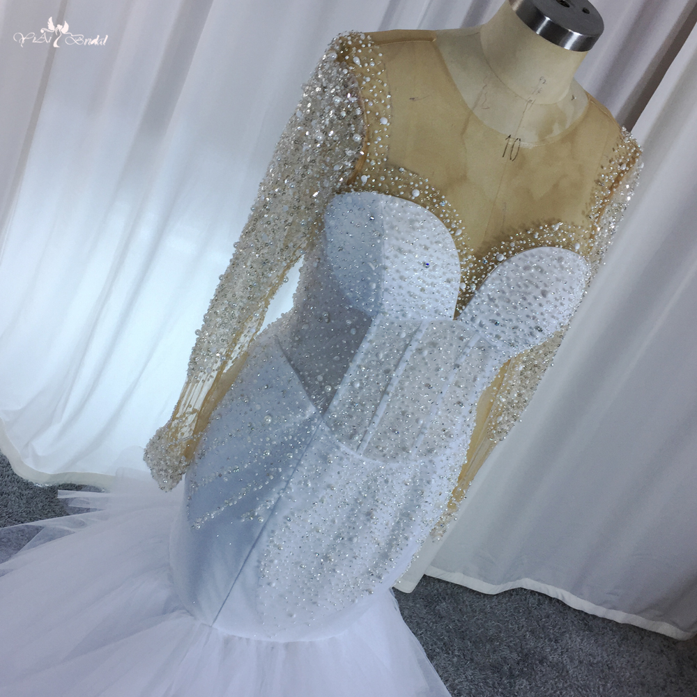 RSW1855 Toptan Beyaz Denizkızı Gelinlik Kabarık Tül Etek Fabrikası Özel Yapımı Uzun kollu hassas boncuklu gelinlik 9