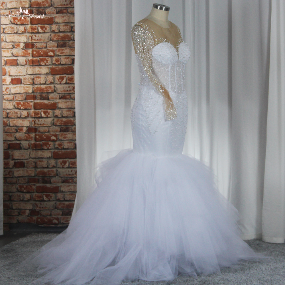 RSW1855 Toptan Beyaz Denizkızı Gelinlik Kabarık Tül Etek Fabrikası Özel Yapımı Uzun kollu hassas boncuklu gelinlik 10