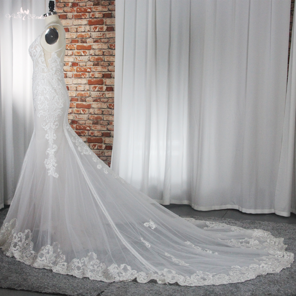 Sexy Super Low Back Detail Criss Cross Straps Fit And Flare Silhouette Beaded Lace Wedding Gown Long Train RSW1873 10