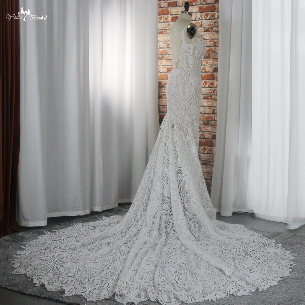 RSW1877 Потискане v Вратна дантелена сватбена рокля с русалка на русалка 15