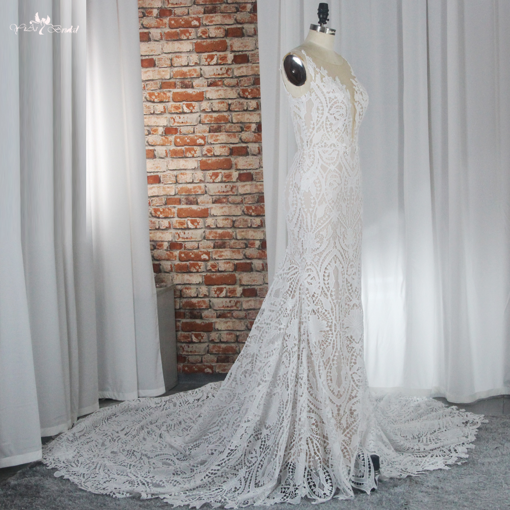 RSW1877 Потискане v Вратна дантелена сватбена рокля с русалка на русалка 14