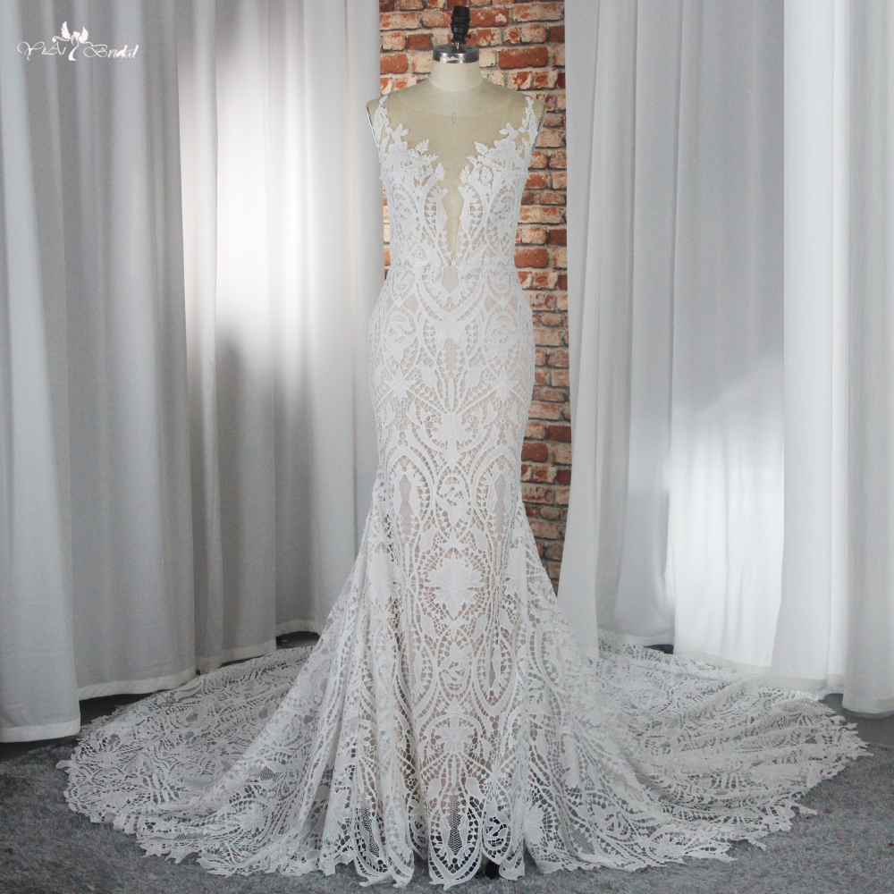 RSW1877 Потискане v Вратна дантелена сватбена рокля с русалка на русалка 13