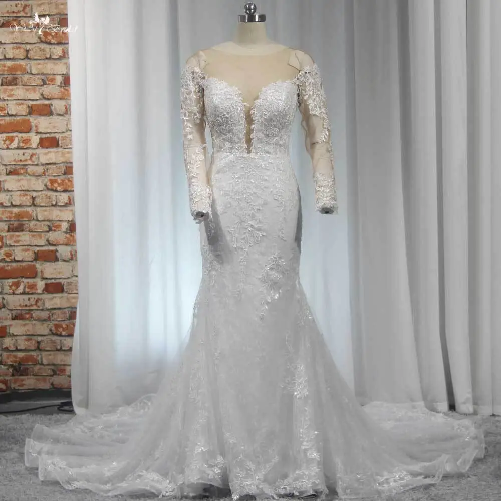Beautiful Lace Sheath Gown RSW1912 Long Sleeves French Lace Plunging Neckline Wedding Dress With Long Sleeves 1